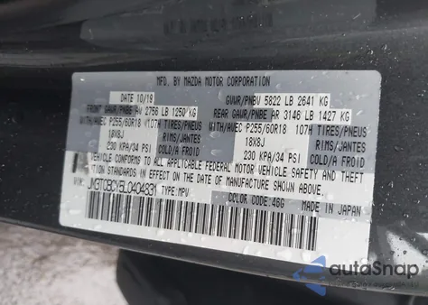 2020 Mazda Cx-9 Touring z USA, uszkodzony, nr VIN JM3TCBCY5L0404831